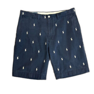 Polo Ralph Lauren Navy All-Over Embroidered Pony Flat Front Chino Shorts Size 36
